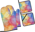 Oven Mitts and Pot Holders Sets of 4 Colorful Rainbow Mandala Pattern Kitchen Potholder Gloves Heat Resistant Non-Slip for Chef Baking Cooking Grilling BBQ Mittens