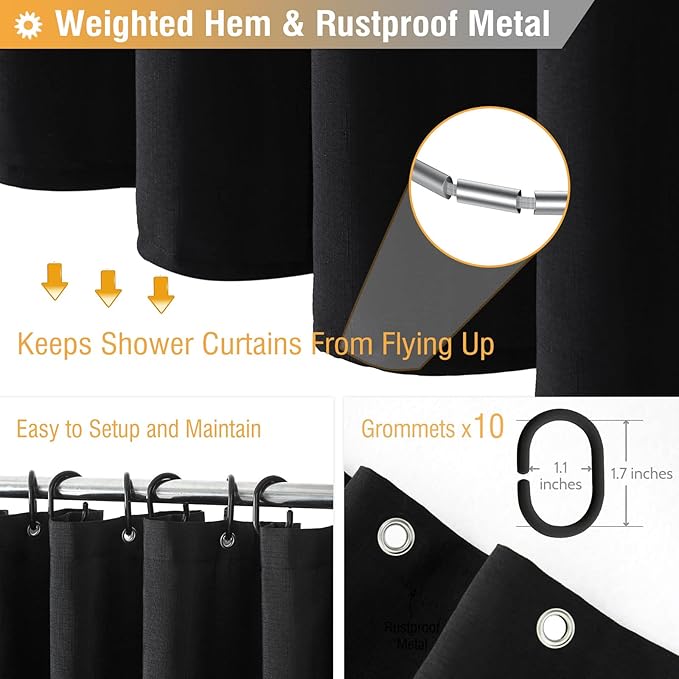 BTTN 60 Inch Stall Fabric Shower Curtain - Linen Textured Weighted Water Repellent Shower Curtain Set with 10 Plastic Hooks, Narrow Spa Luxury Curtains for Bathroom Showers and Bathtubs(60x72, Black)