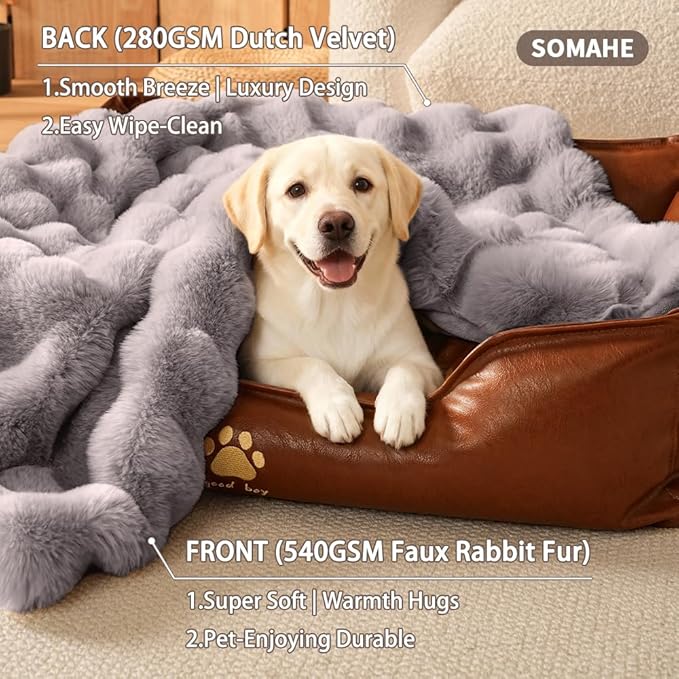 SOMAHE Dog Blanket Self-Warming Throw for Medium & Large Dogs, Dual-Side Sherpa Plush, Thick Crate Bed Cover & Car Seat Mat, Anti-Static Machine Washable No Shrink, 39x30 Inch Gray