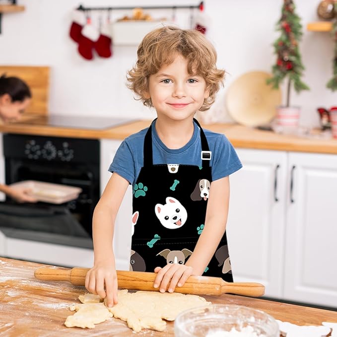 Sylfairy Aprons for Kids Girls Rainbow Unicorn Apron Children Kitchen Chef Aprons Smock (Black+Dog, Small,3-5Years)