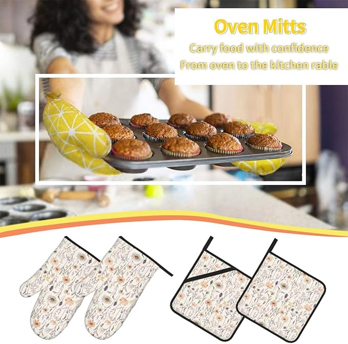 Oven Mitts and Pot Holders Sets of 4 Vintage Botanical Flower Leaf Kitchen Potholder Gloves Heat Resistant Non-Slip for Chef Baking Cooking Grilling BBQ Mittens