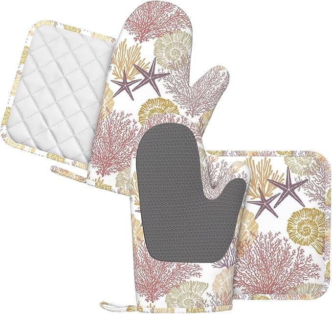 Nautical Coastal Oven Mitts and Pot Holders Set, 4pcs Silicone Starfish Seashell Coral Beach Themed Oven Glove for Kitchen Heat Resistant Oven Mitts and Non-Slip Potholders Yellow Red