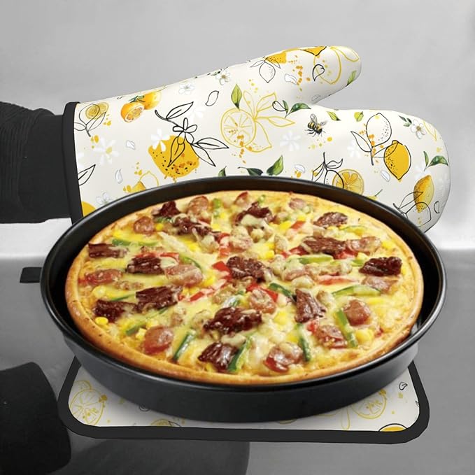 Lemon Oven Mitt & Pot Holder Set of 2，Spring Watercolor Floral Heat Resistant Kitchen Gloves Potholder Summer Fruit Cooking Gloves Pan Mats for Baking, Grilling, Kitchen，Outdoor