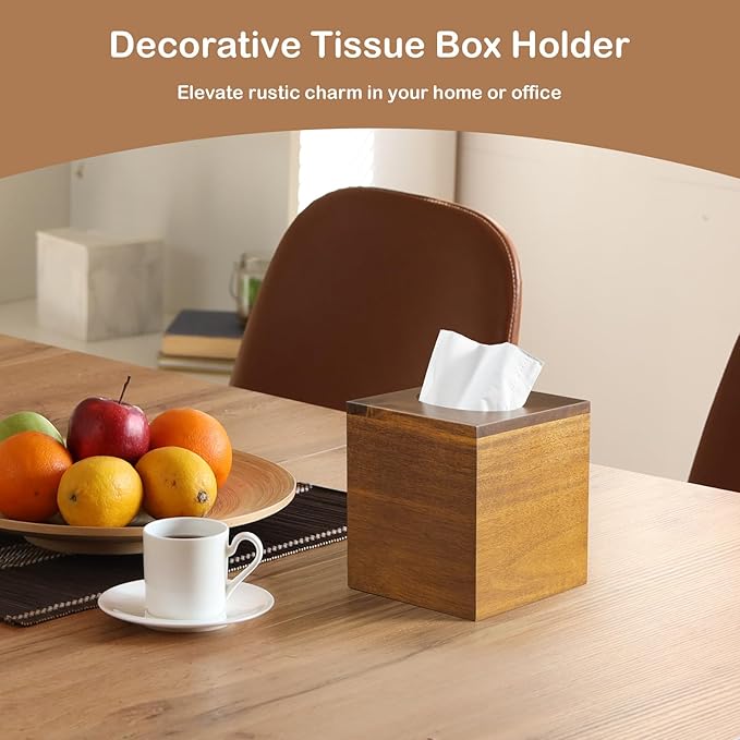 GCWSTJK Acacia Wood Tissue Box Cover - Square Thick Tissue Box Holder for Cube Boxes, Smooth Polished Decorative Wooden Tissue Holder for Bathroom, Bedroom, Dining Table, Kitchen or Office