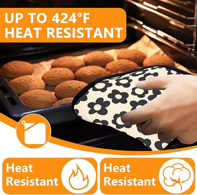 Daisy Flowers Oven Mitts and Pot Holders Sets 4Pcs,Extra Long Oven Gloves Potholder for Kitchen Cooking Baking BBQ 100% Cotton Heat Resistant
