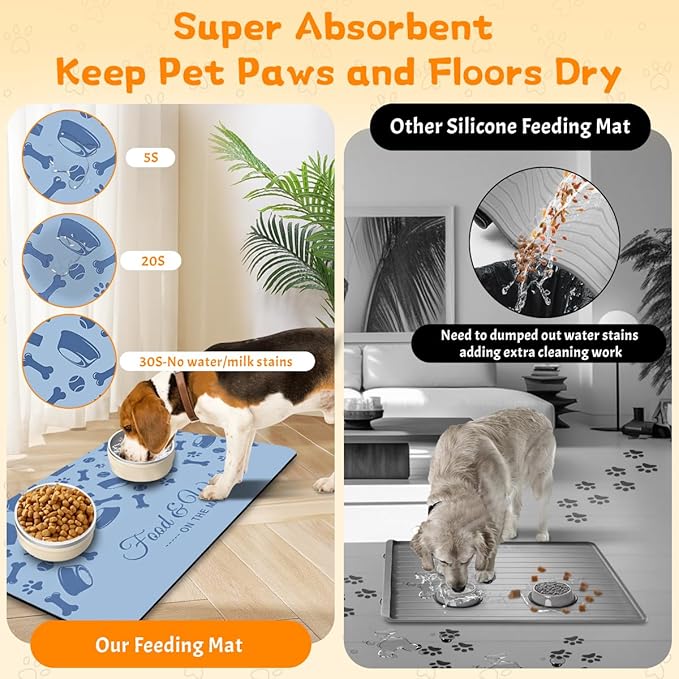 Pet Feeding Mat - Absorbent Dog Food Mat for Floors Waterproof，Dog Cat Placemat Mat for Food and Water Bowls - No Stains No Sliding Quick Dry Water Eating Dish Mat