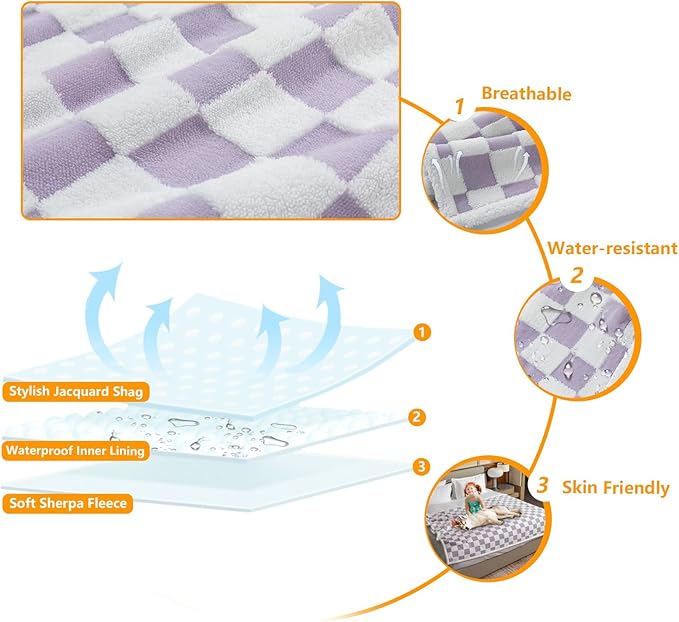 Maidewow Waterproof Pet Blanket,Dog Bed Covers Couch Sofa Stylish Jacquard Pets Throw Blankets for Puppy Cats Washable Reversible Furniture Protection Covers (Purple Check,S)
