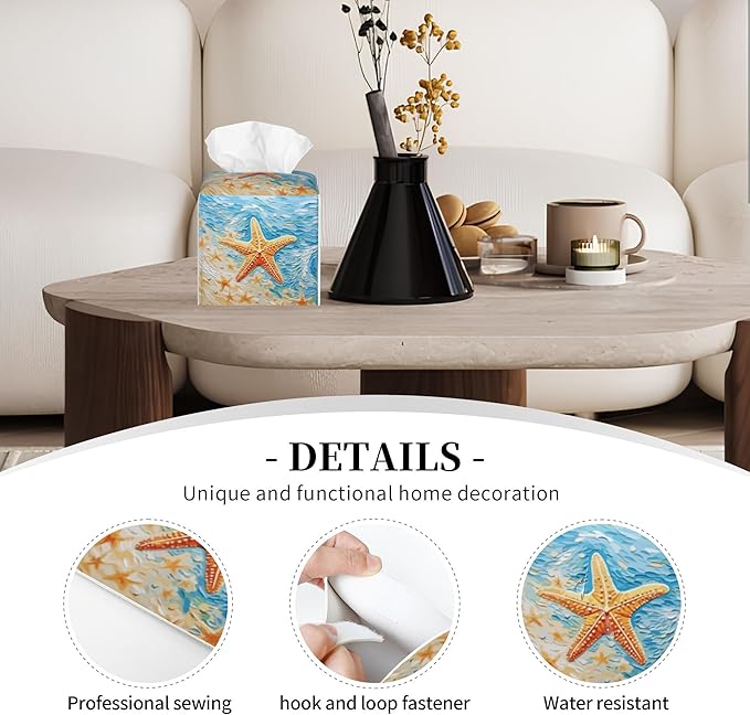 POIUBLE Tissue Box Holder Beach Starfish Tissue Box Cover Square Leather Tissue Holder Organizer Portable Decorative Facial Paper Case for Home Office Bathroom Vanity Countertop