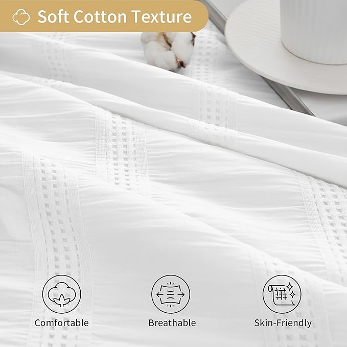 Lameirose Extra Long White Shower Curtain Farmhouse,72 x 84 Cotton Blend Waffle Tufted Striped Chic Textured Fabric Shower Curtain for Bathroom, Hotel, Washable