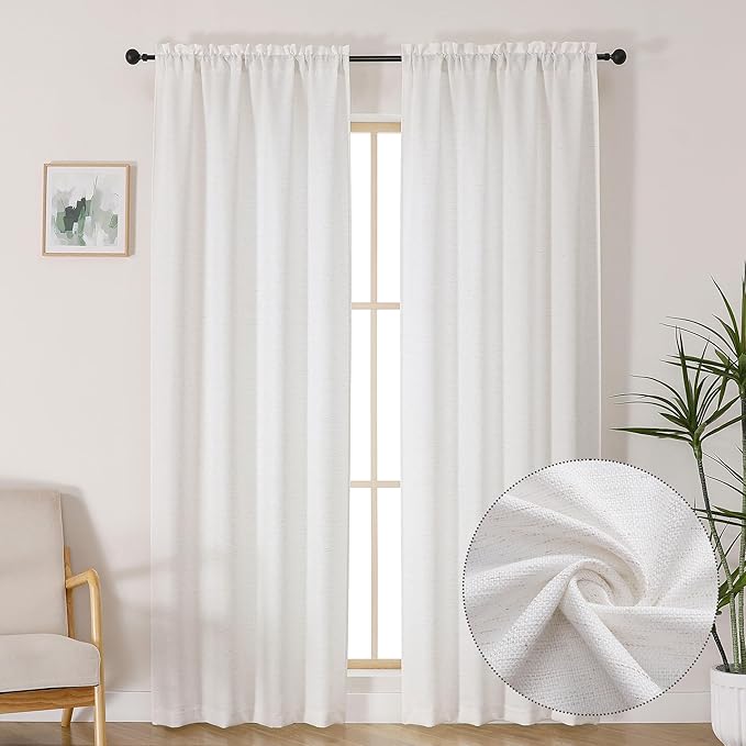 Lecloud Bessie Curtains 96 Inches Long 2 Panels, Faux Linen Textured Light-Filtering Privacy Bedoom Curtains, Farmhouse Rod Pocket Window Drapes for Living Room Bedroom, Each 40 W x 96 L, Natural