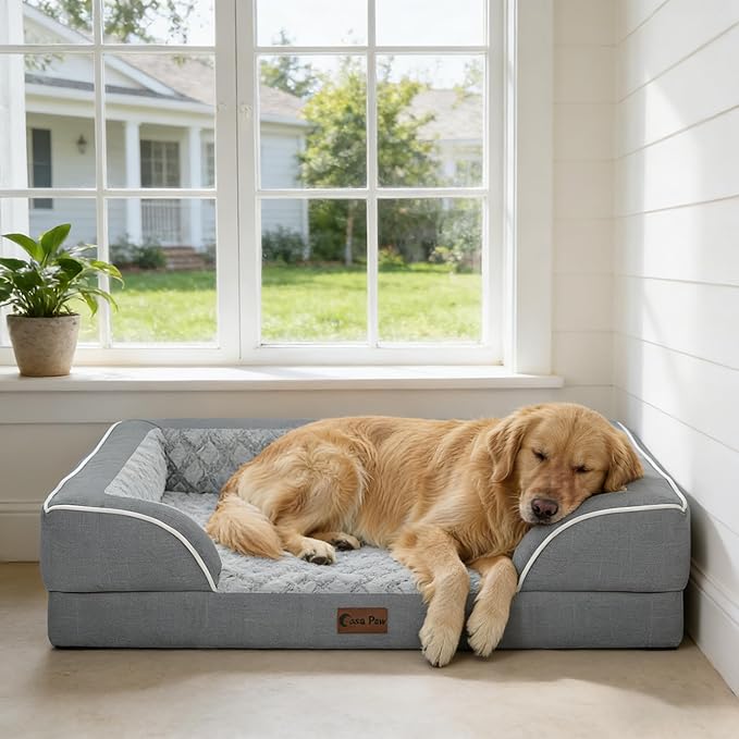 Casa Paw Orthopedic XXL Dog Beds, Waterproof Memory Foam Big Bolster Pet Bed for Extra Large Sized Dogs 53x42Inch, Non-Slip Bottom and Egg-Crate Foam Dog Couch Bed with Washable Removable Cover, Grey