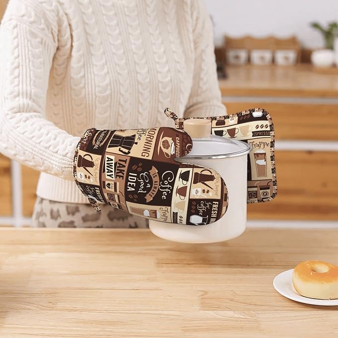 Oven Mitts Pot Holders Set Coffee Pattern Silicone Modern Art Kitchen Gloves Potholders Heat Resistant for Chef Baking Cooking Grilling BBQ 4 Pack Mitt