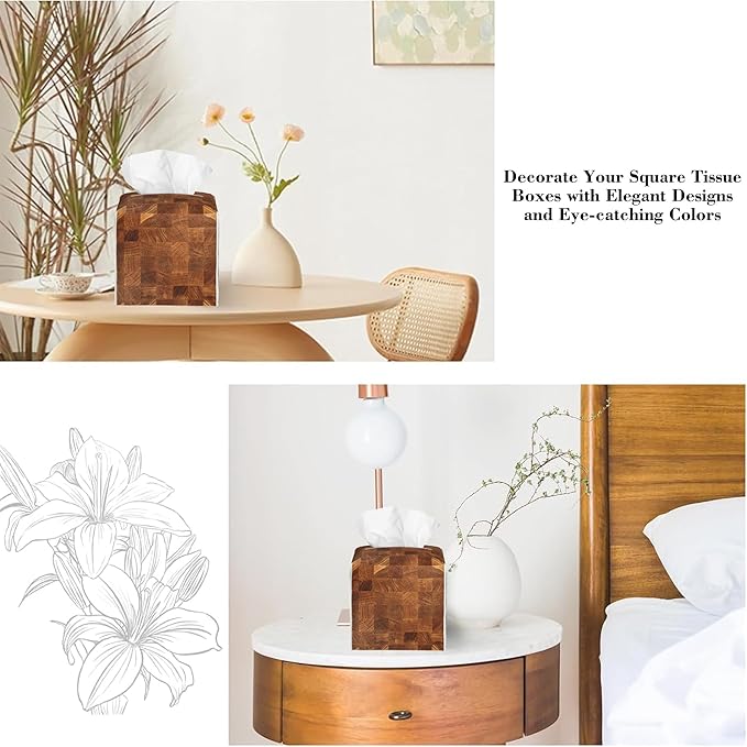Natural Wood Board Honey Oak Tissue Box Cover Square Leather Tissue Holder Waterproof Facial Paper Organizer Dispenser Cube Paper Cover Case for Home Office Bathroom Vanity Countertop