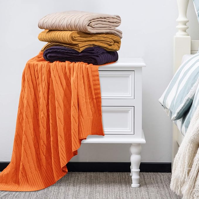 NTBAY 100% Pure Cotton Cable Knit Throw Blanket, Super Soft Warm 51x67 Knitted Throw Blanket for Couch, Sofa, Chair, Bed - Extra Cozy, Machine Washable, Comfortable Home Decor, Orange