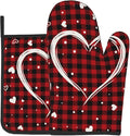 Buffalo Plaid Love Hearts Oven Mitts and Pot Holders Set of 2，Black Red Heat Resistant Kitchen Gloves Hot Pads Farmhouse Accessories Gift Gloves Potholders for Cooking Grilling and Baking