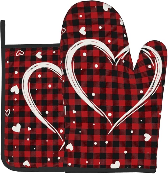 Buffalo Plaid Love Hearts Oven Mitts and Pot Holders Set of 2，Black Red Heat Resistant Kitchen Gloves Hot Pads Farmhouse Accessories Gift Gloves Potholders for Cooking Grilling and Baking