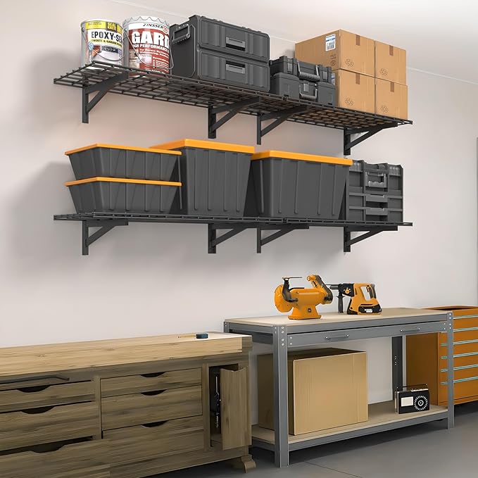 Jusgym 4 Pack Heavy Duty Garage Wall Shelving Set (1.5x4ft), Wall Mounted Garage Shelves 1400lbs Capacity, 18"x96" Shelf Storage Rack Floating Shelves, Black