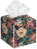 Romantic Big Flower Tissue Box Cover Square,Tissue Box Holder with Belt Bottom,Stylish Leather Napkin Holder for Vanity Countertop,Nightstands,Office Desk,5.2"×5.2"×5.2"