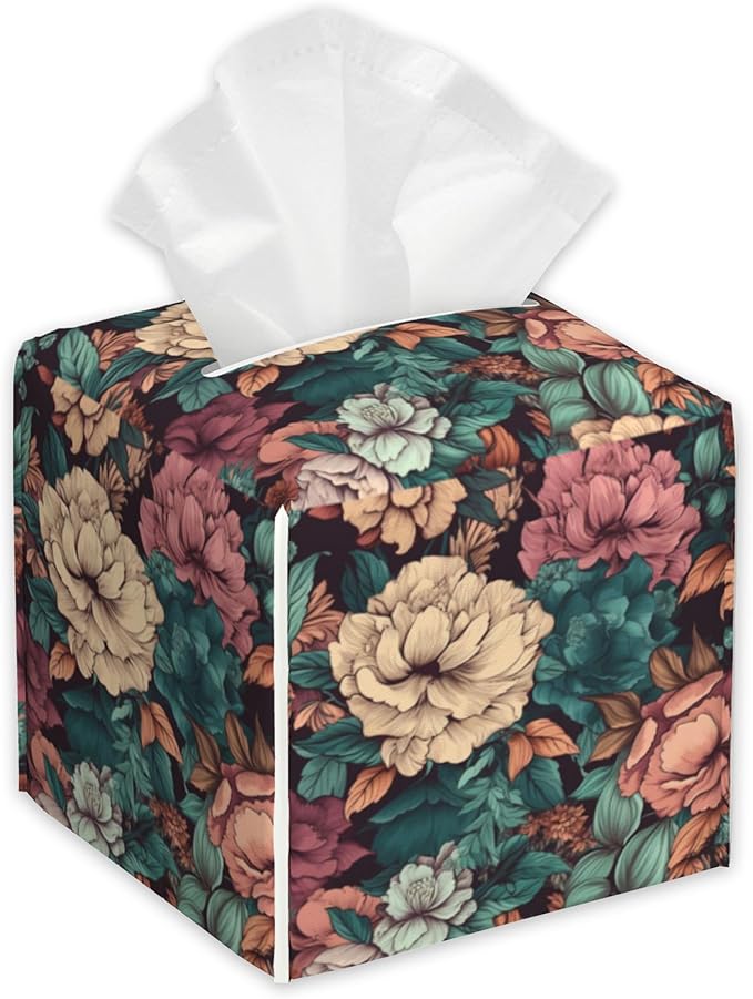 Romantic Big Flower Tissue Box Cover Square,Tissue Box Holder with Belt Bottom,Stylish Leather Napkin Holder for Vanity Countertop,Nightstands,Office Desk,5.2"×5.2"×5.2"