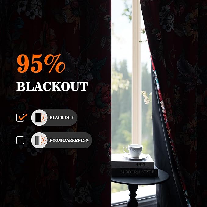 MYSKY HOME Terracotta Floral 95% Blackout Curtains 84 Inches Long for Living Room Dining Rooom Thermal Insulated Light Blocking Drapes Grommet Country Coquette Window Panels for Home, 2 Pcs, 52" Wide
