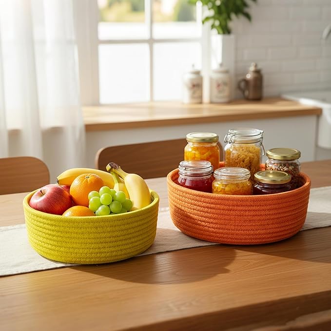 Small Storage Baskets for Shelves, 6 Pack Round Cotton Rope Basket for Organizing, Cute Colorful Decorative Woven Bins for Bedroom, Home Countertop Decor (Rainbow)