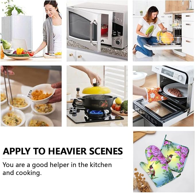 Bird Hummingbird Flower Oven Mitts And Pot Holders Set Of 4 Silicone Heat Resistant Oven Mitten Potholders Non Slip Gloves Kitchen Decor For Bbq Cooking Grilling Baking