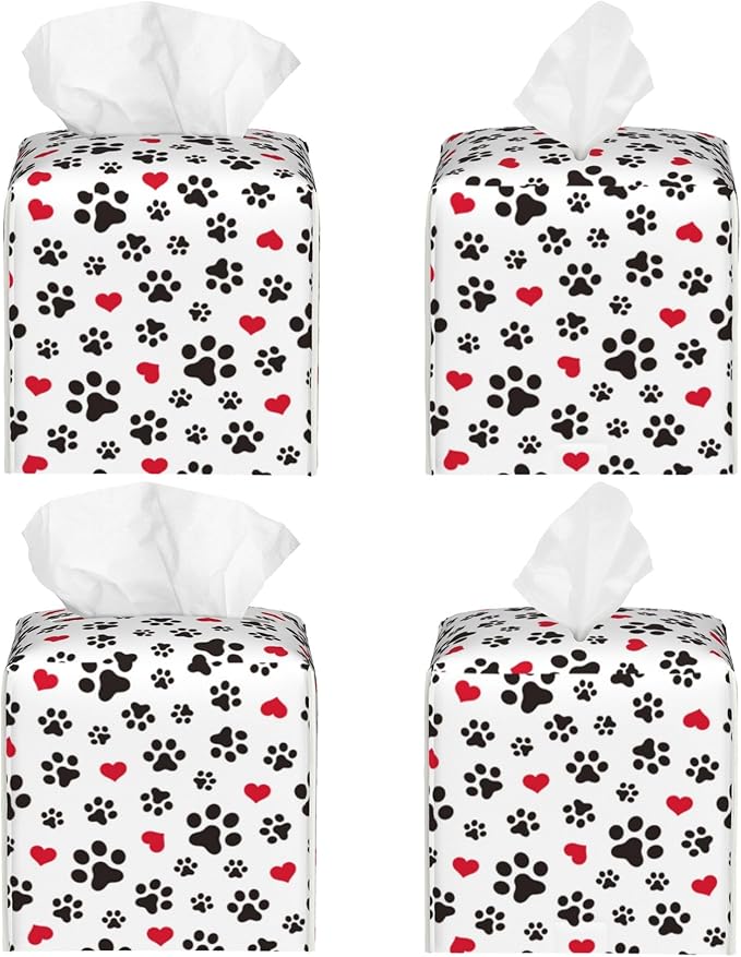 Dog Paw Cat Paw Heart Love Tissue Box Cover Square, Animal Puppy Footprints Tissue Box Holder Waterproof Leather Facial Paper Organizer Dispenser for Bathroom Home Car Nightstand Vanity Desk