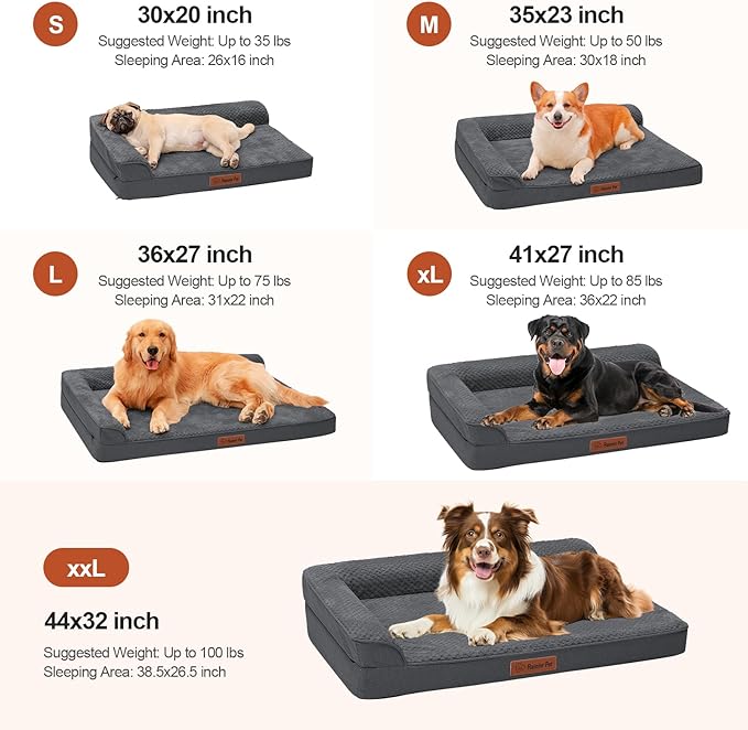 Rainmr Orthopedic Dog Beds for Large Dogs, Memory Foam Dog Beds Large Sized Dogs, Washable Removable Cover, Nonskid Bottom, Waterproof, for Indoor, Outdoor, Crate ＆ Car Use, 41x27x6 Inches, Dark Grey