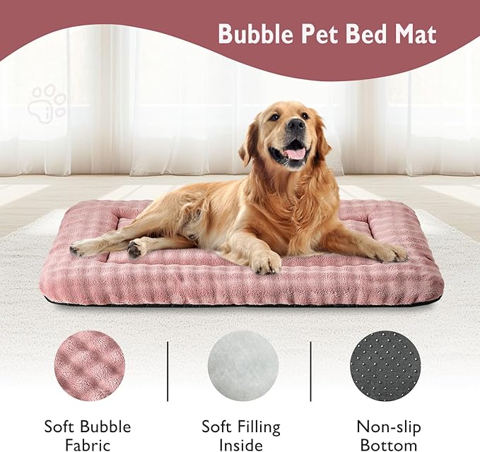 Yaning Dog Bed Mat Crate Pad for Large Dogs, Washable Soft Pet Sleeping Mat Kennel Pad with 3D Bubble Pattern, Dusty Pink, 42"x 28"