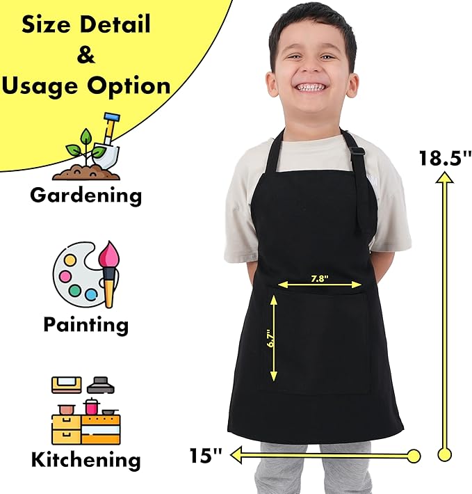 Kids Aprons for Cooking Waterdrop Resistant Aprons for Girl & Boy Toddler Apron for Painting, Gardening, Baking, Smock (Plaid Black, Small (3-5 years))