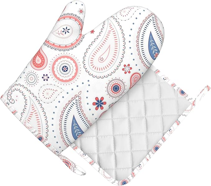 Silicone Oven Mitts and Pot Holders Sets, Home Pink Paisley Heat Resistant BBQ Gloves for Kitchen Baking Cooking Grilling Microwave