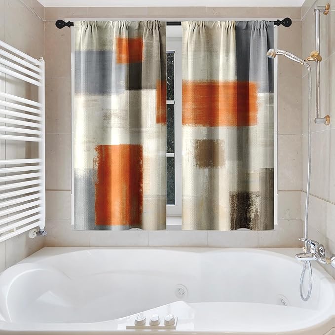 Culudea Beige Orange Painting Shower Curtain Set, Grey Contemporary Modern Bathroom Window Waterproof Shower Curtain Set for Bathroom Decor