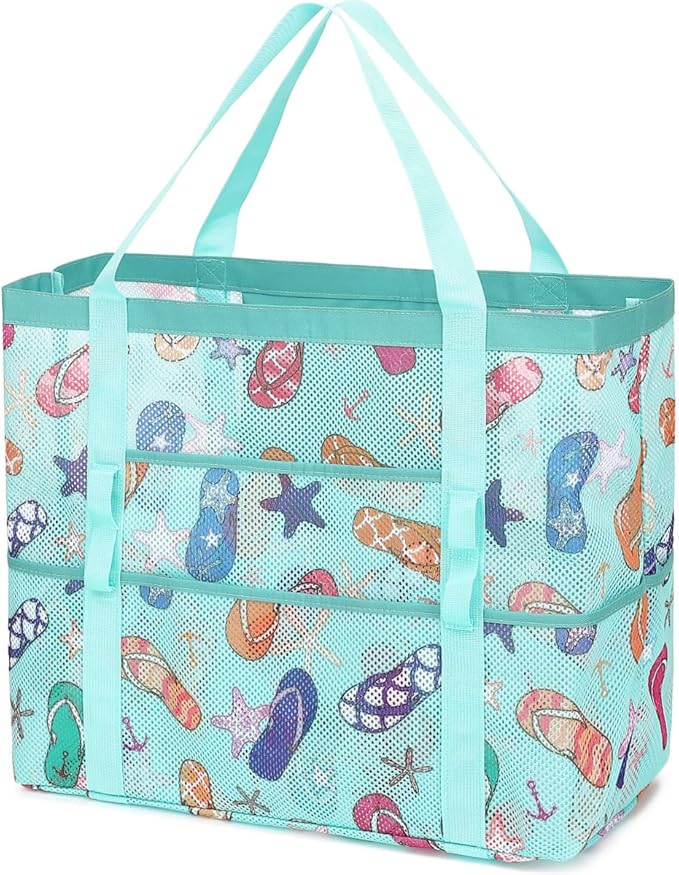 Fammart Mesh Beach Bag, Large Beach Tote with Zipper Pocket for Family Pool Bag for Toys & Vacation Essentials