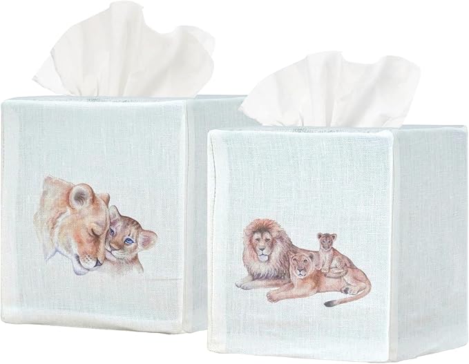 EmbroideryLinen.VN Tissue Box Cover Set of 2, Square Linen Tissue Holder, Printed Animal Pattern, 4.5x4.5x5.5 Inches, Decorative Holder for Bathroom, Living Room, Office (Lion Love)