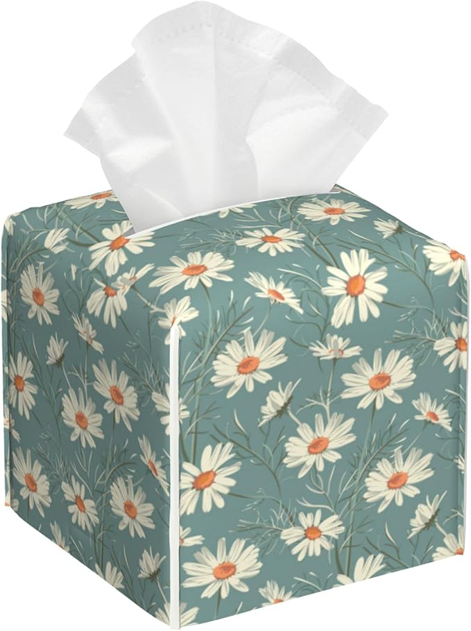 POIUBLE Leather Tissue Box Holder White Daisy Tissue Box Cover Square Waterproof Tissue Holder Organizer Modern Napkin Holder for Bedroom Dresser Night Stand Office Desk