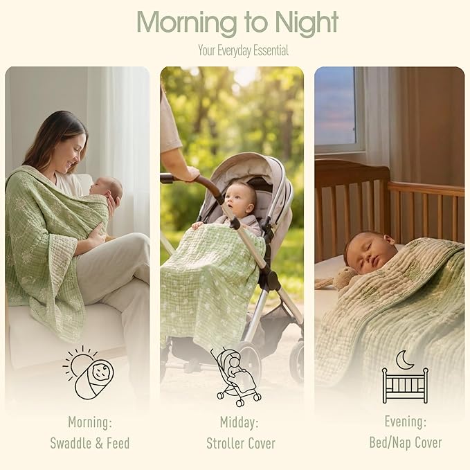 HardNok Ultra Soft Muslin Baby Blanket - Made with Organic Cotton, Earthy Botanicals Jacquard Swaddle & Crib Quilt, 43x43 (Sage Green Floral)