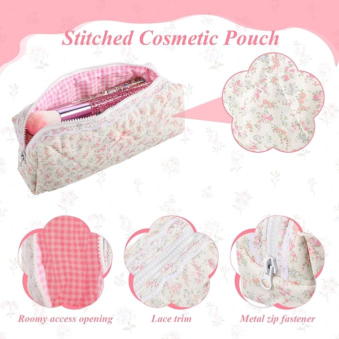 GEEHUA Quilted Makeup Bag, Floral Large Cute Cosmetic Pouch, Coquette Aesthetic Pink Makeup Pouch Cotton Puffy Travel Toiletry Storage Bag Portable Zipper Organizer (Light Pink)