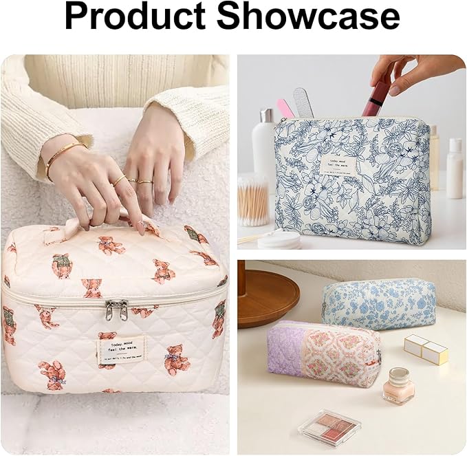 SXS LACONIC Quilted Makeup Bag,Large Cosmetics Bag Set,Cotton Coquette Floral Make up Pouch,Travel Toiletry Bag for Women