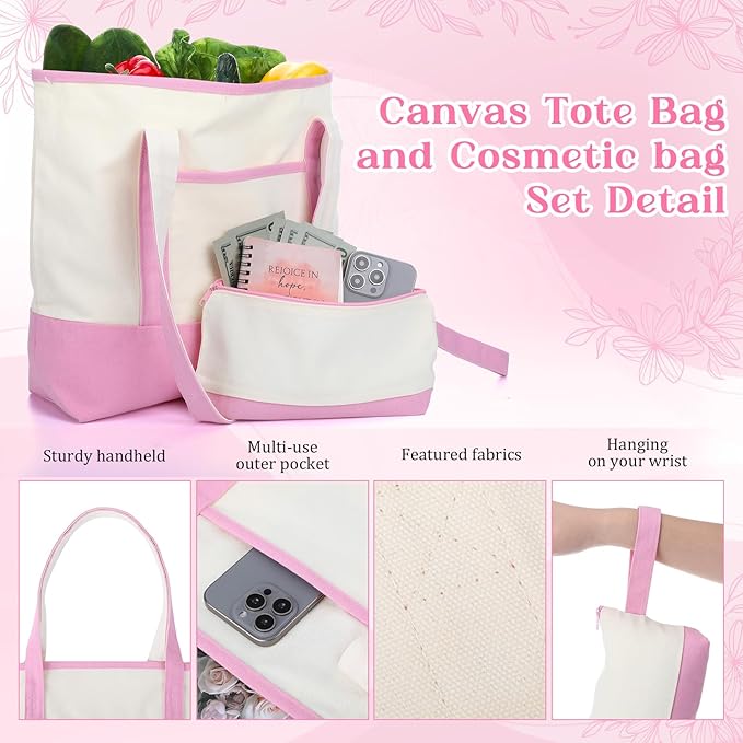 Sanwuta Canvas Tote Bags Bulk with Outer Pocket and Makeup Pouch 18'' Reusable Grocery Bags with Handles for Women Beach DIY