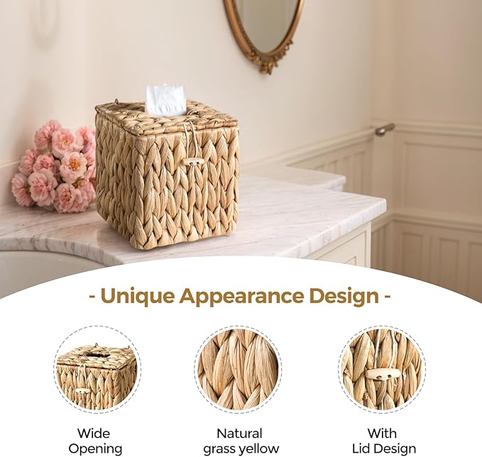 KALEKAIL Rattan Tissue Box Cover with Lid, Wicker Tissue Box Holder Square, Boho Decorative Woven Water Hyacinth Cube Tissue Holders for Bathroom