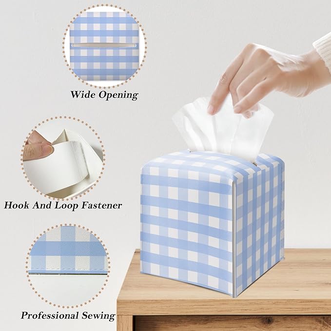 Blue and White Gingham Tissue Box Cover Square, Leather Tissue Holder with Bottom Belt, for Nightstands Desks Office Bathroom Car Vanity Home Decor Supplies -002
