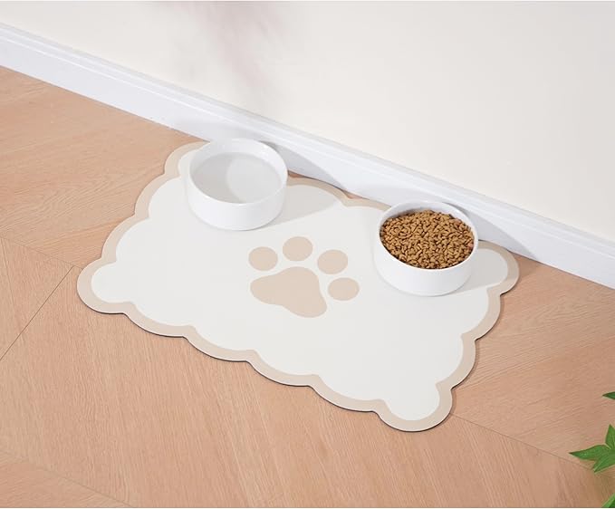 Ralxion Scalloped Dog Feeding Mat, Absorbent Mats for Dog Food and Water Bowl, Dispenser, Cute Elegant Aesthetic Khaki Beige Scallop Pet Placemat for Dogs, Cats, Puppy Accessories, 14" X 19”