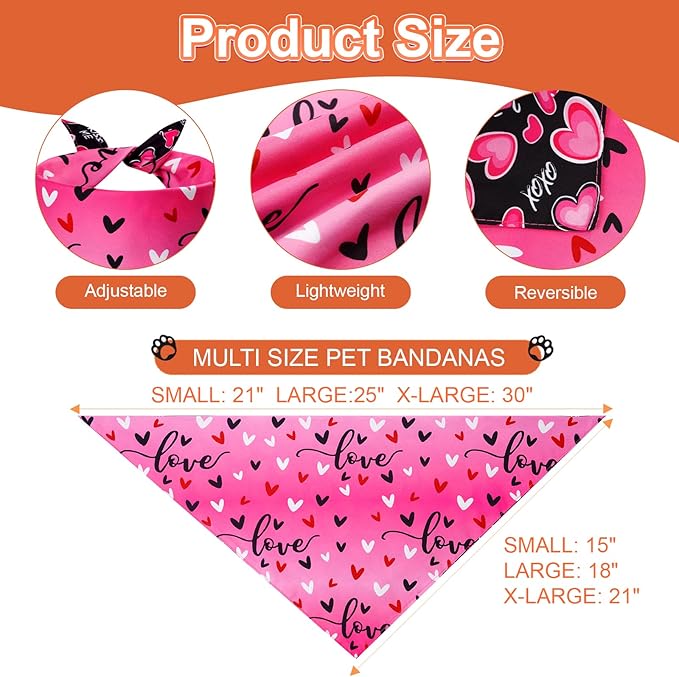 Agroon Dog Valentines Bandana Small 3PCS, 6 Pattern Sweetheart Scarf for Boy and Girl, Red Pink Black Triangle Reversible Love Bibs Breed for Puppy Pets