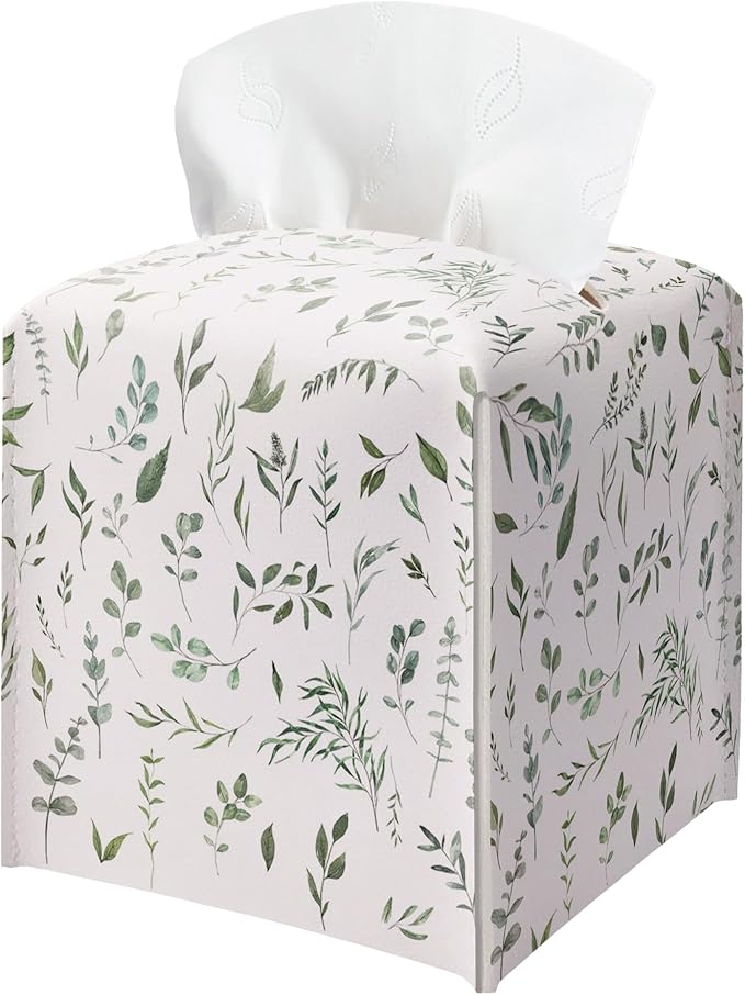 Sage Green Tissue Box Holder, Modern Leather Tissue Box Cover Square with Bottom Belt, Paper Napkins Everyday Dispenser Accessories for Bathroom Night Stands Kitchen Office Car Home Decor
