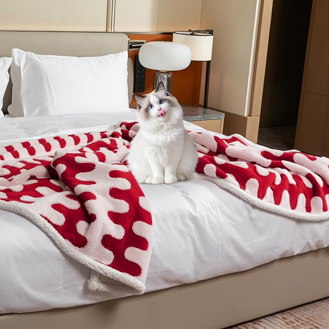 Maidewow Waterproof Pet Blanket,Dog Bed Covers Small Throw for Puppy Cats Stylish Jacquard Pets Couch Sofa Furniture Protection Washable Reversible Covers (Red Wave,XS)