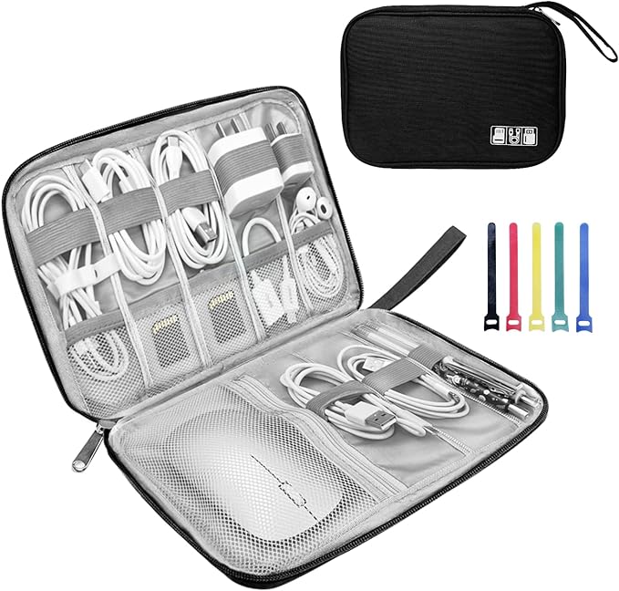 Lcsmaokin Electronics Organizer Travel Case,Electronic Accessories Storage Bag,Portable Waterproof Cable Organizer Bag,with 5 Cable Ties，for Travel,Work-Black