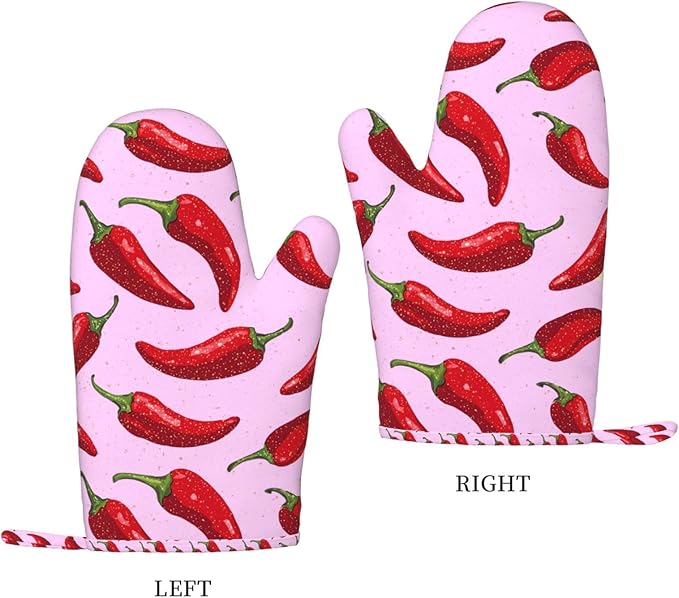 Heat Resistant Oven Mitts 2 Pack, 500°F Silicone Oven Gloves with Non-Slip Grip, Soft Quilted Cotton Lining for Baking, Grilling, BBQ, Cooking (Peppers Pink Red)