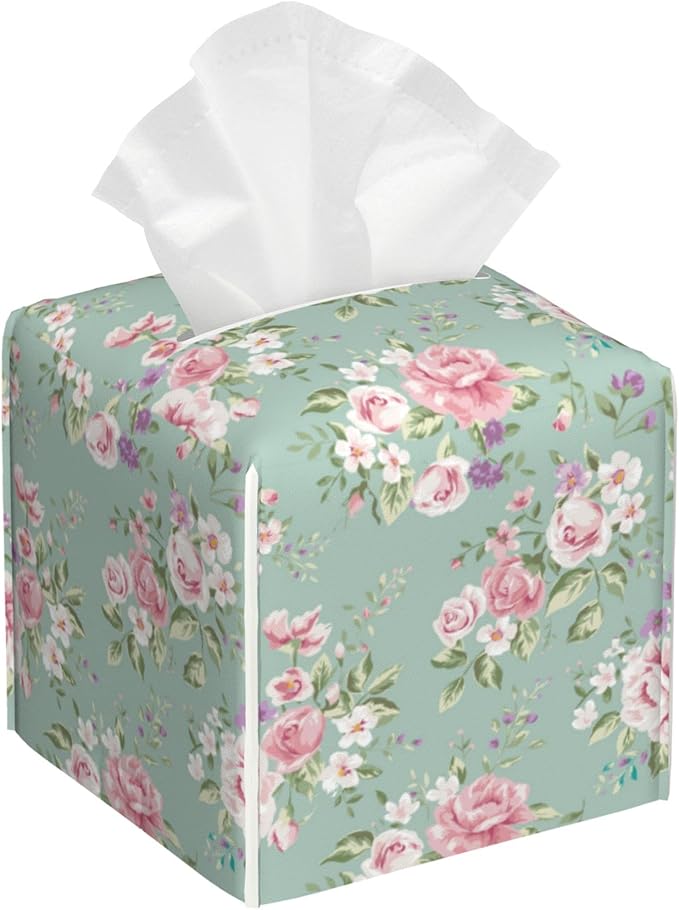 POIUBLE Vintage Floral Tissue Box Cover Pink Rose Leather Tissue Box Holder Square Facial Paper Organizer Dispenser for Bathroom Kitchen Bedroom Vanity Countertop Night Stands