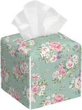 POIUBLE Vintage Floral Tissue Box Cover Pink Rose Leather Tissue Box Holder Square Facial Paper Organizer Dispenser for Bathroom Kitchen Bedroom Vanity Countertop Night Stands