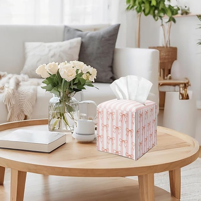 Blush Pink Bow Stripes Tissue Box Cover Square, Leather Tissue Holder with Bottom Belt, for Nightstands Desks Office Bathroom Car Vanity Home Decor Supplies -013